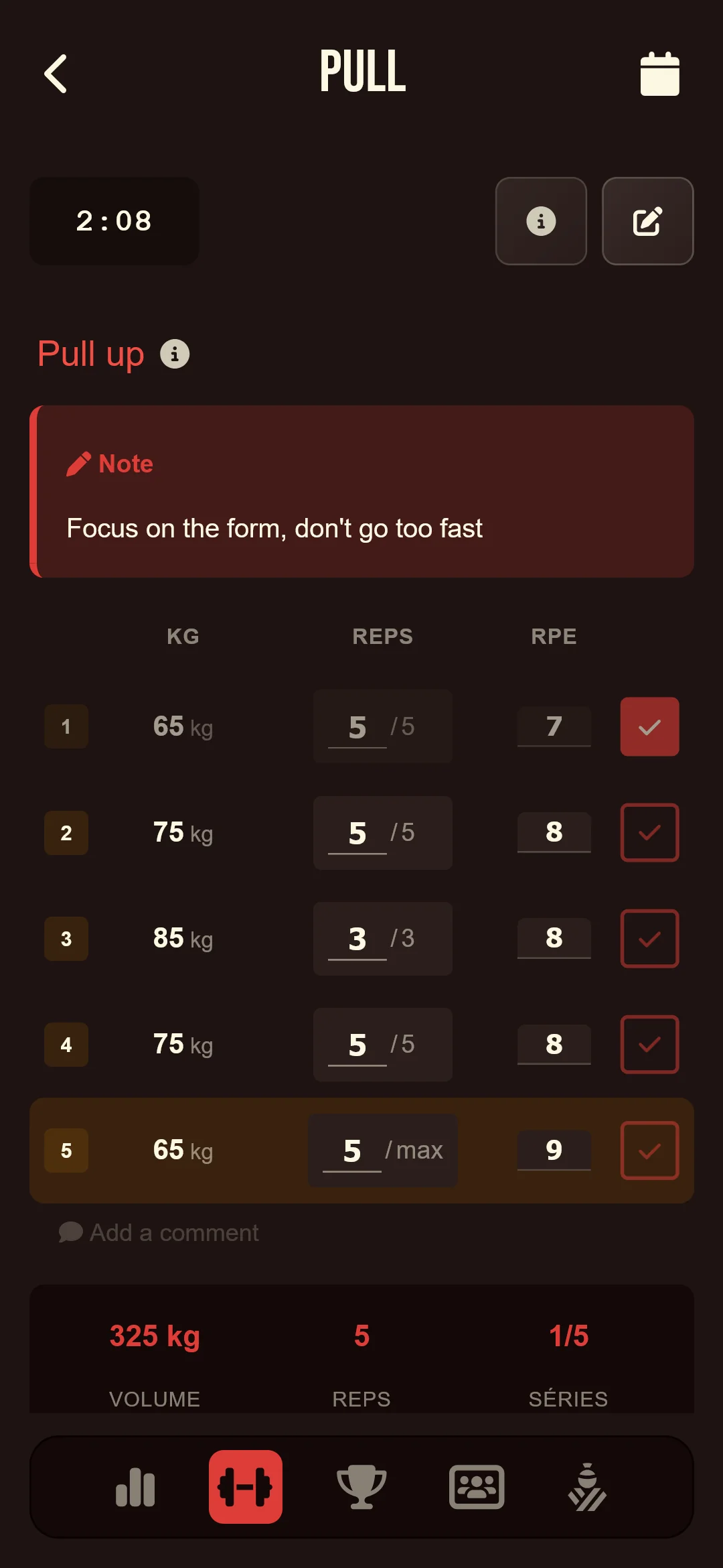 App Gaman : écran de séance avec charges recalculées automatiquement au % du max